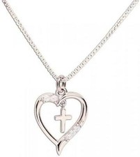 925 Sterling Silver First Communion Gift ,Dancing Cross Heart Necklace For Girls