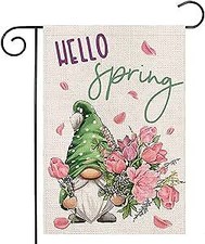 Hello Spring Garden Flag for Outside 12x18 Double Sided,Gnome with 12x18 Inch