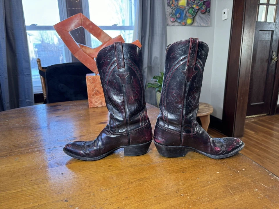 Vintage Lucchese Boots Distressed Black Cherry Men's Size 11 B French Toe USA - Image 2 of 4