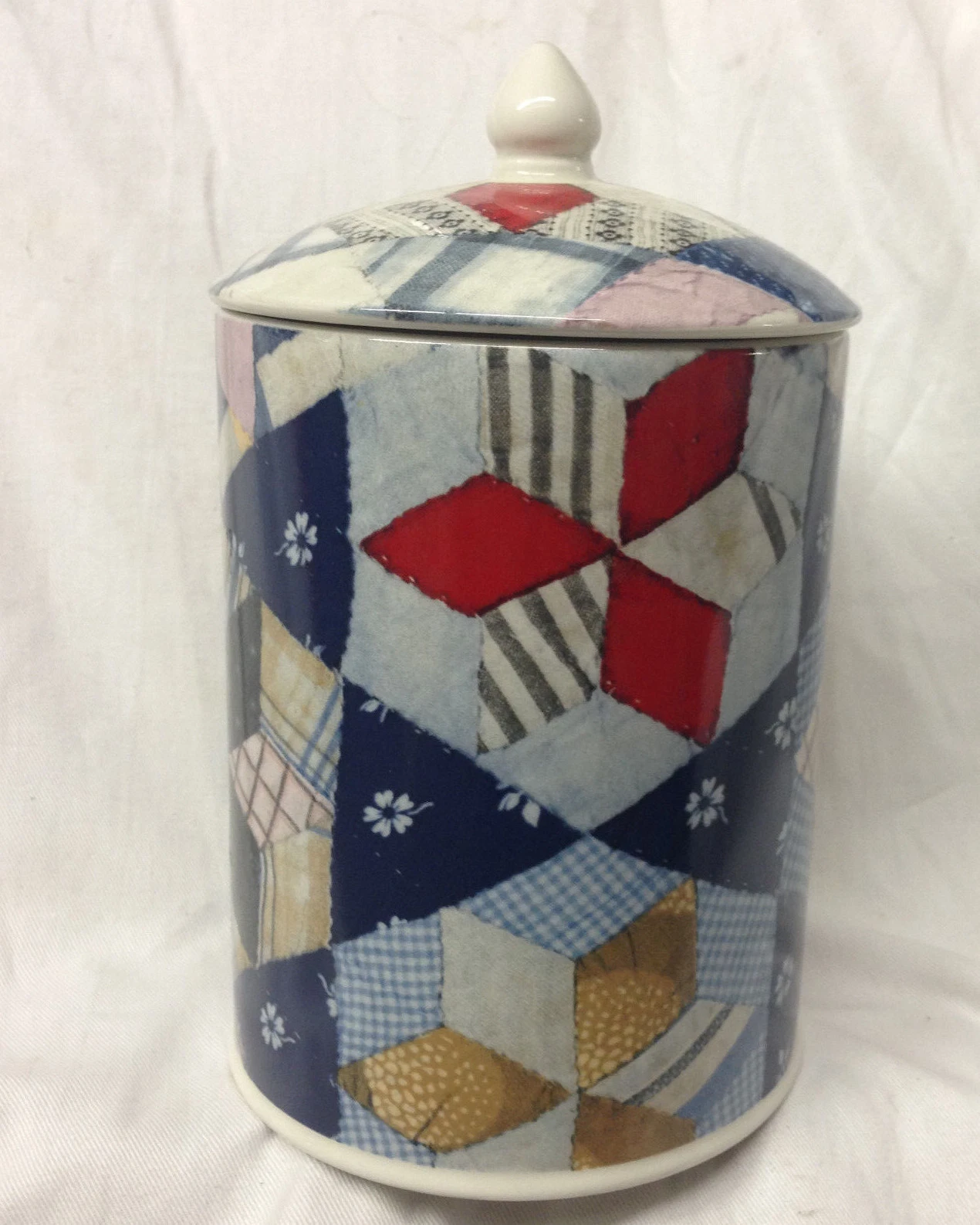 RALPH LAUREN CHINA WEDGWOOD "1989 PATCHWORK" STORAGE JAR CANISTER & LID 7 5/8"