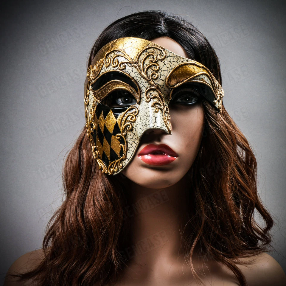 Venetian Phantom GOLD Checker Men Masquerade Ball Party Classic Full Face Mask - Image 2 of 4