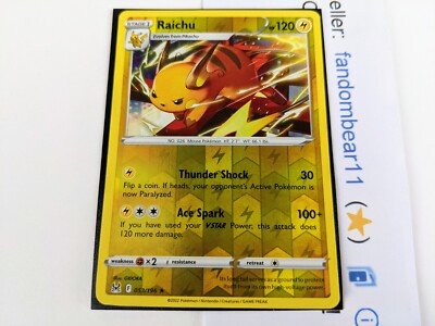 Raichu REVERSE HOLO RARE card 053/196 Sword & Shield Lost Origin