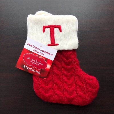 ST. NICHOLAS SQUARE 8'' RED CABLE KNIT LETTER/INITIAL T, MINI CHRISTMAS STOCKING