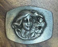 Vtg 1970s Pewter Belt Buckle Art Nouveau Boho Flower Heritage Signed