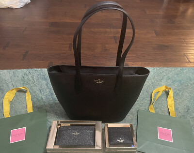 KATE SPADE NEW YORK TOTE/CARD HOLDER/SLIM WALLET BLACK GLITTER NEW  3-BAGS