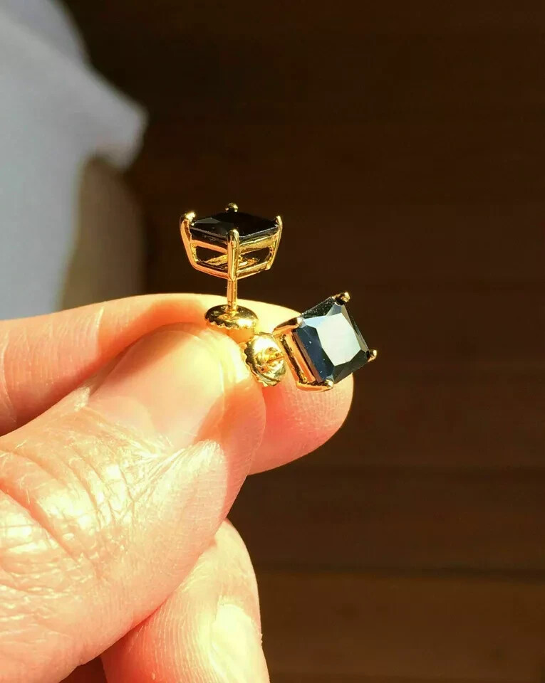 7mm Lab Created Princess Black Diamond Women Earrings 14K Yellow Gold ...