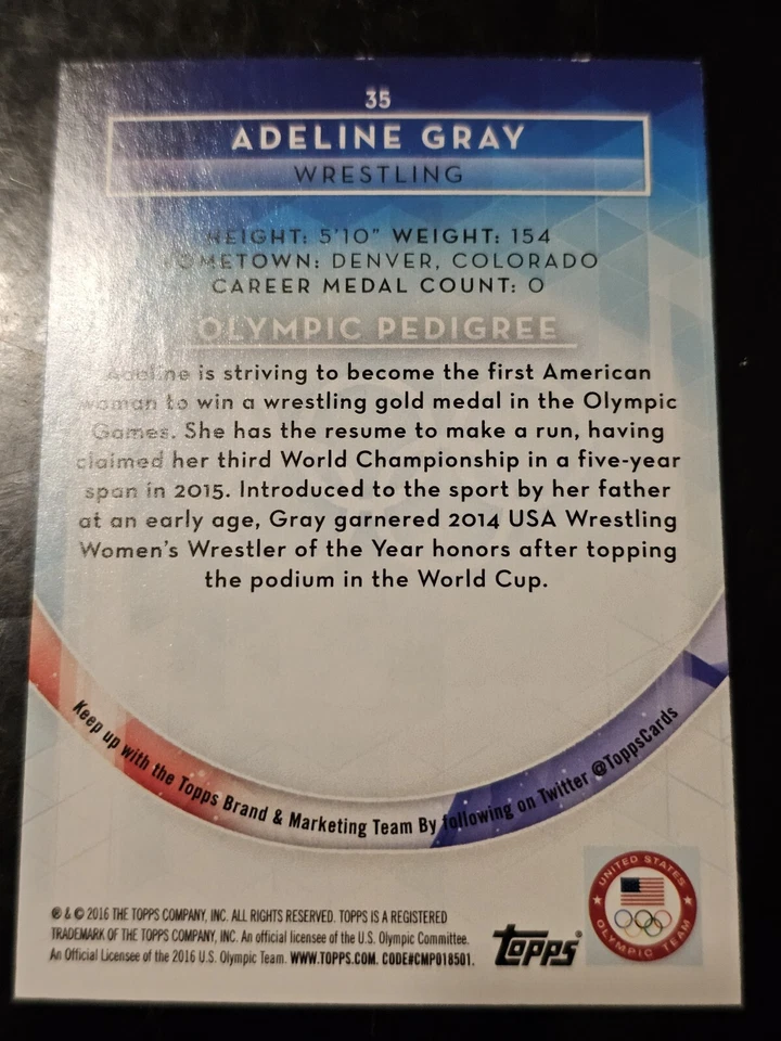 ADELINE GRAY 2016 Topps US Olympic Gold #35 Wrestling - Image 2 of 2
