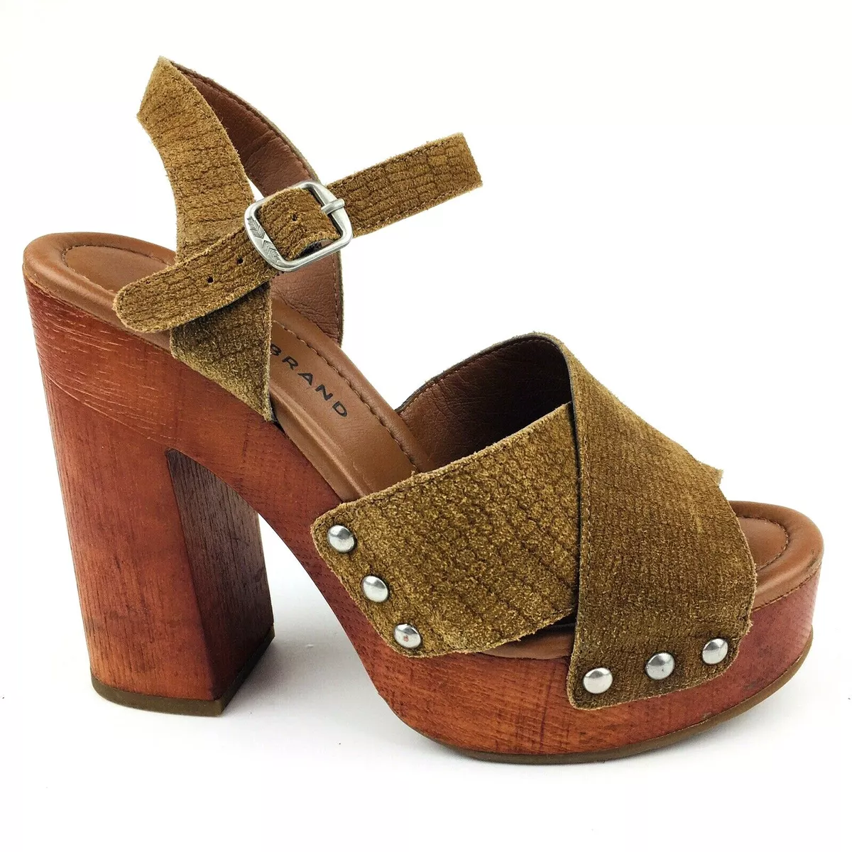 LUCKY BRAND 70s Look Studded Block Heel Sandal Suede Ankle Strap LK MABAZ US 7.5