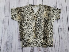 Vintage Tina's Leopard Print Banded Hem Short Sleeve Blouse USA Made Size L