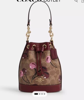 NWOT Coach Mini Bucket Bag In Signature Canvas With Cherry Print CY738  