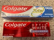 Colgate toothpaste: 1 Optic White 3.2oz and 1 Total Whitening 4.8oz
