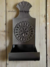 Primitive Colonial Wall Decor Black Punched Tin Matchbox Holder 8"
