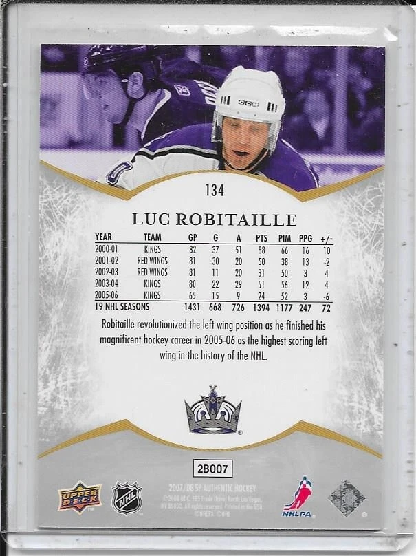 2007-08 SP Authentic Luc Robitaille Notables # 134 #d/1999 - Image 2 of 2