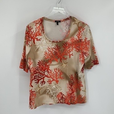 BASLER knit top short blouse coral starfish sea tan orange stretch 44 Large