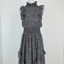 Lulus Black Purple Floral Mock Neck Ruffle Midi Dress Size Small
