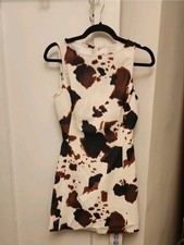 Cider Sleeveless Mini Dress in White and Brown Cow Print, Size XS