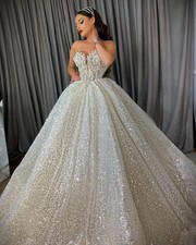 Strapless Sparkling Sequins Wedding Dress Shiny Beads Sleeveless Floor Length