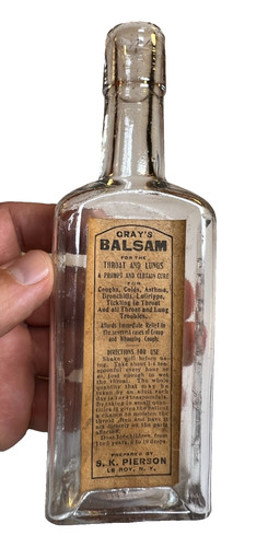 Antique Gray’s Balsam Best Cough Cure Medicine Bottle Labeled Le Roy New York NY