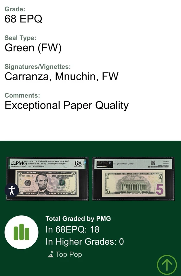 2017A Federal Reserve Note New York 5 Dollars Fr#1998-B PMG 68 EPQ Top Pop 18 - Image 3 of 3
