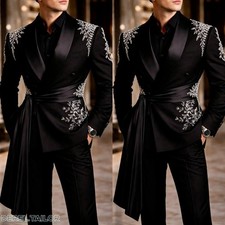 Luxury Crystal Men Suit with Belt Tuxedo with Satin Lapel Wedding Prom Party
