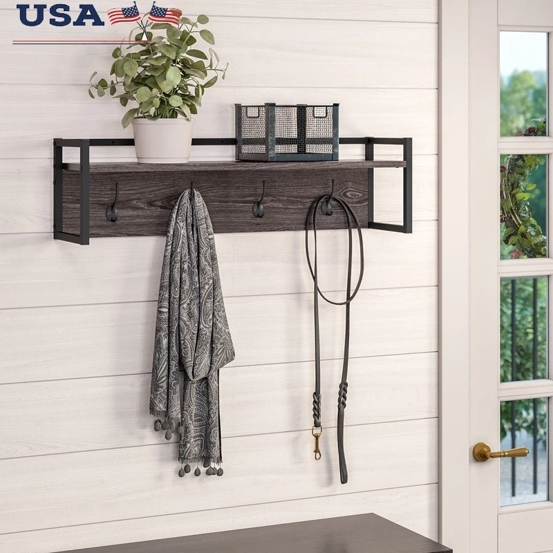 Wall Shelf 4 Hooks Metal Frame Open Shelf Entryway Storage Solution New