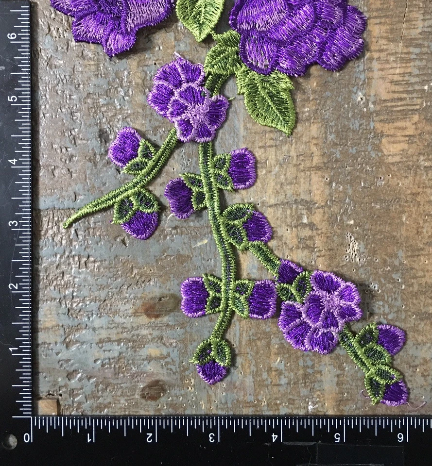 LONG STEM PURPLE ROSE Flower Plant Floral Roses Buds Garden Applique Patch 12X5 - Image 3 of 4