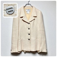 CHANEL Tweed Jacket Size 38 Ivory Orange Used 66cm Length