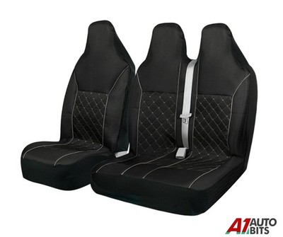 Black Quilted Grey Piping Van Bus Truck Fabric Seat Covers Protector Universal