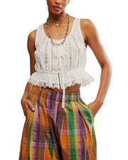 Free People Alana Lace Tank Sleeveless Buttondown Cropped Top Blouse Ivory L NWT