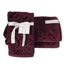 Bella Lux 4pc Turkish Cotton Velour Towel Set Merlot Floral Embossed 2Bath 2Hand