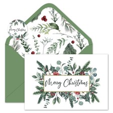50 Packs Merry Christmas Greeting Cards Holly Berry Xmas Greenery Blank Note Car