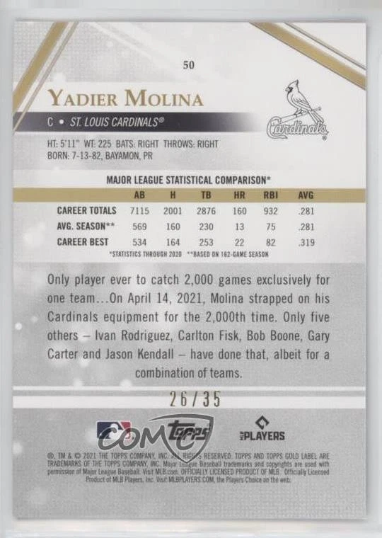 2021 Topps Gold Label Class 3 Purple /35 Yadier Molina #50 - Image 2 of 2