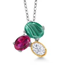 925 Silver and 10K Yellow Gold Green Malachite Created Ruby and White