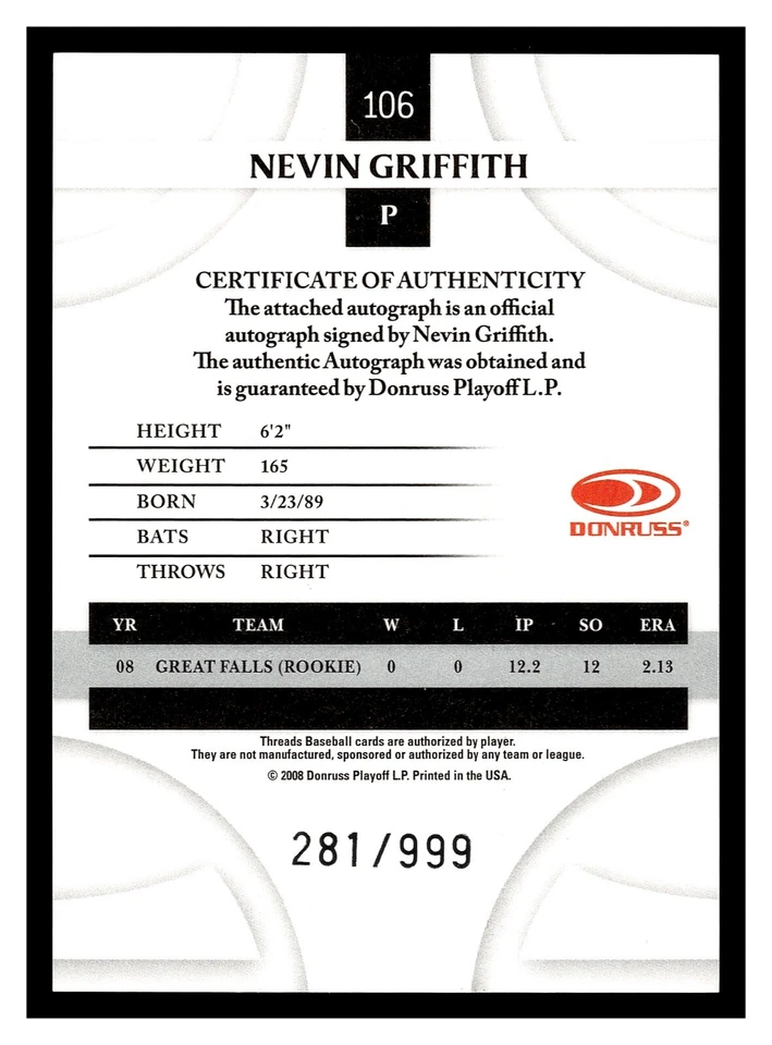 NEVIN GRIFFITH 2008 DONRUSS THREADS ROOKIE AUTOGRAPH CHICAGO WHITE SOX 281/999 - Image 2 of 2