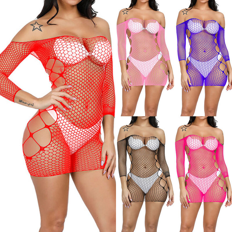US Women Fishnet Sexy Lingerie Stretchy Babydoll Chemise Long Sleeve Mini Dress