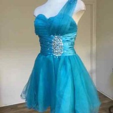 DANCING QUEEN Formal Short Dress One Shoulder Ball Gown Rhinestones Tulle Blue S