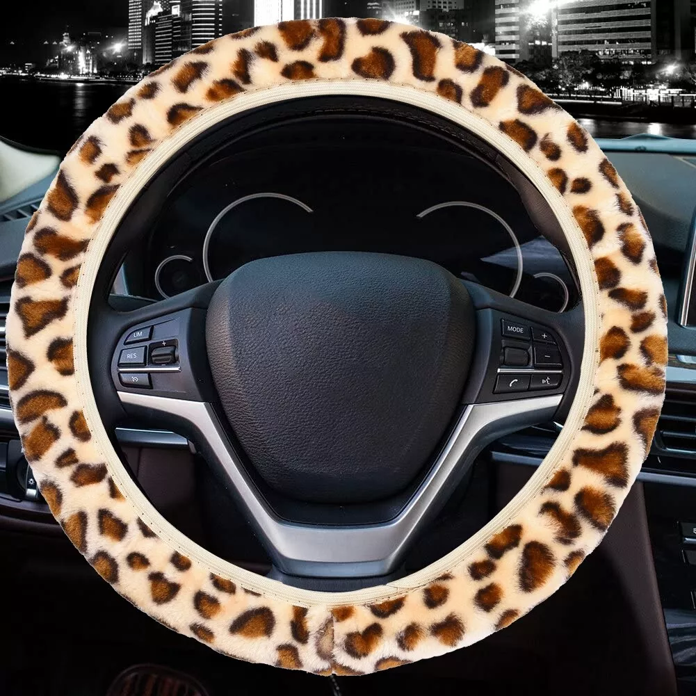 15inch Beige Leopard Print Soft Plush Elastic Car Steering Wheel