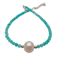 Natural Green Peruvian Amazonite White Pearl Bracelet 8"
