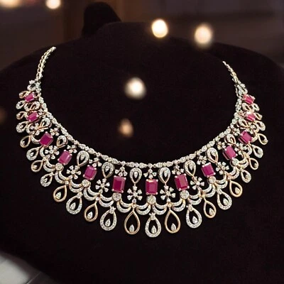 Pave 6,75 Cts Runder Brillantschliff Diamanten Rubin Hochzeit Halskette 14K Gold - Bild 1 von 4