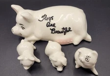 Porcelain Hog & 3 Piglets "Hogs Are Beautiful" On Mama 4 Pc Set Farm Decor
