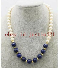 Genuine 8-9mm White Cultured Pearl  8mm Lapis Lazuli Round Beads Necklace 18"
