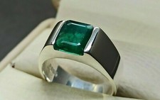 Emerald Cut Green Lab Created Emerald Sterling Ring Silver 925 Handmade Men Ring