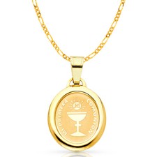 14K Yellow Gold Communion Charm Pendant with 2.3mm Figaro 3 1 Chain Necklace