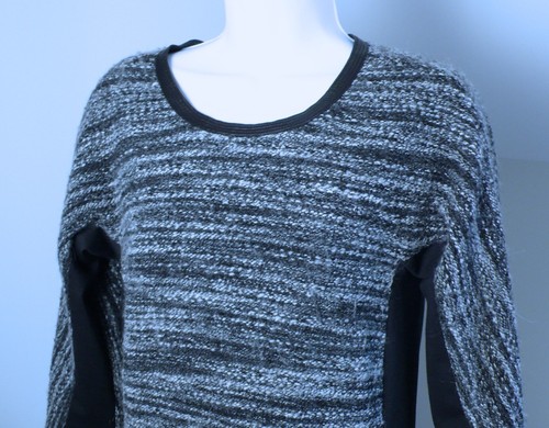 REBECCA TAYLOR Gray Tweed Contrasting Black Panel Leather Trim LS Dress Sz 6 - Picture 3 of 9