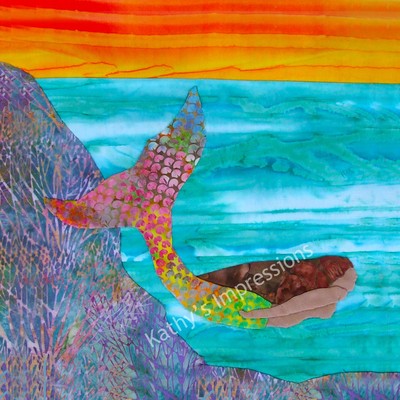 Mermaid Swimming Fabric Quilt Block Beach Ocean Under Sea 5'' Charm 6.5'' Square