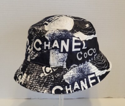 Chanel Cambon Cotton Coco Bucket Hat Cap Printed Navy/Blk White