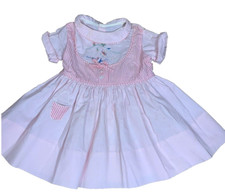 Vintage 80s Baby Girls Dress 6-9 Months Pink Embroidery Jack Jill Bow