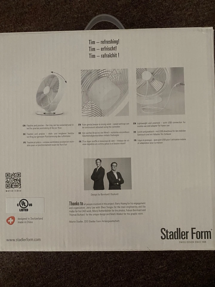 Ventilador de Escritorio Stadler Form Tim Blanco Diseño Suizo Alimentado por USB Delgado Multi Velocidad Foto 2 de 2
