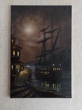 Moonlit Old Harbor Original Oil Painting Big Wooden Sail ship and old houses Art