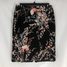 Talbots Black Pencil Skirt With Orange Gray Pink Flowers SZ 8